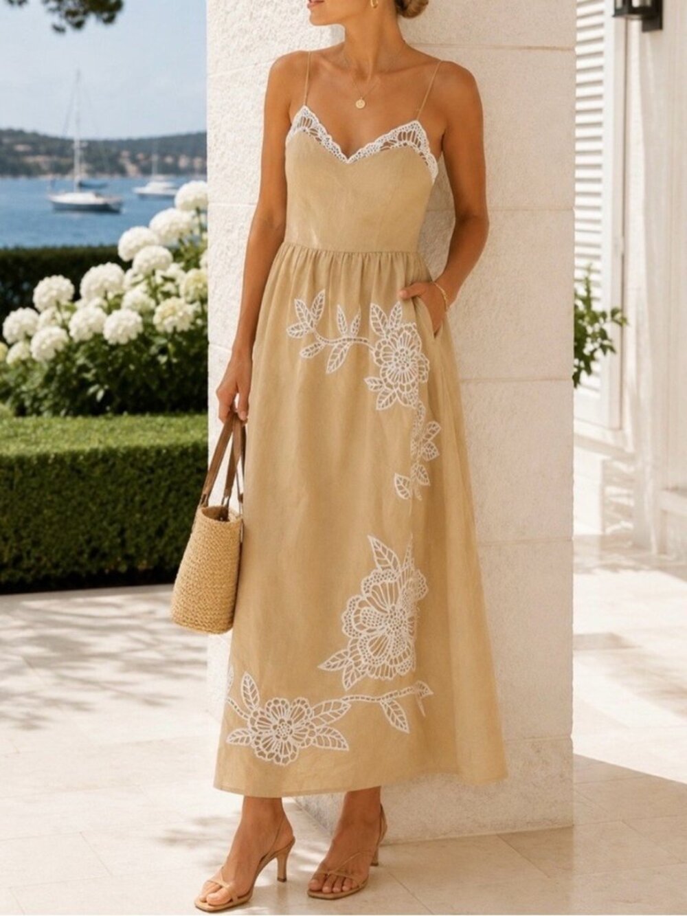 Caroline Constas Beige Linen Crochet Lace Trim Dress